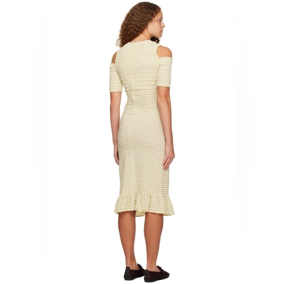 Ganni Beige Khaki Smocked Seersucker Gingham Cold Shoulder Dress, size 34 - Picture 7 of 14